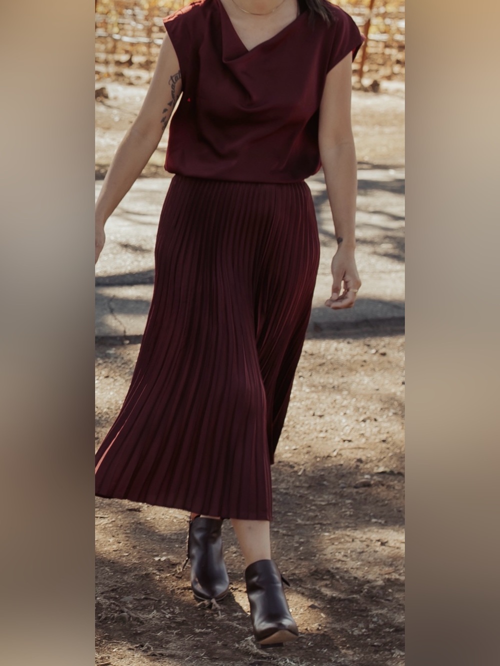 Pleated Midi Skirt & blouse in Deep Wine, perfect for holidays!